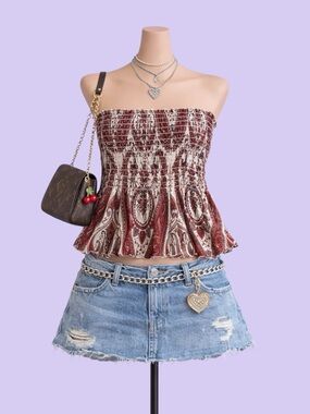 Vintage Y2K Wet Seal Red Paisley Smocked Tube Top Size S/M Boho Chic Festival